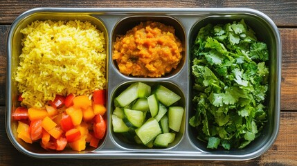 A healthy school lunch for Indian kids with poha, chutney, and salad, with ample room for text.