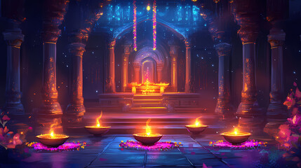 Wall Mural - Diwali ancient hindu temple interior background. Hindu Temple. Illustration