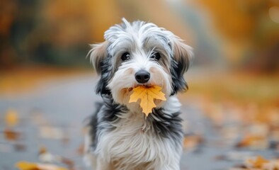 Happy Dog With Leaves in Mouth in Autumn Park