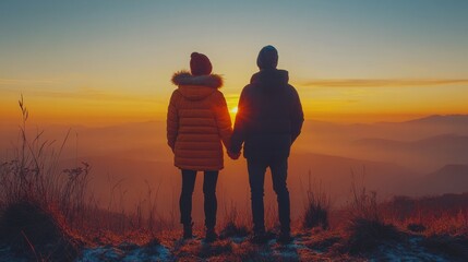 Wall Mural - Couple standing on a mountain top at sunset, overlooking a breathtaking landscape