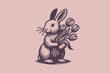 © Victoria - Rabbit with tulips. Engraving simple vector illustration, emblem, logo