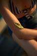 © Connect Images - Close-up of a green leaf resting on a woman's sunlit arm, showcasing a summer vibe.