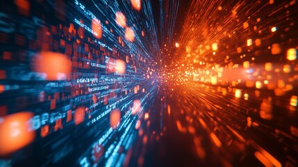 Blue and orange background with computer code, software development concept