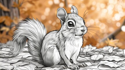 Cute squirrel coloring page, featuring a cartoon animal character from the forest, art drawing with nature and wild line.