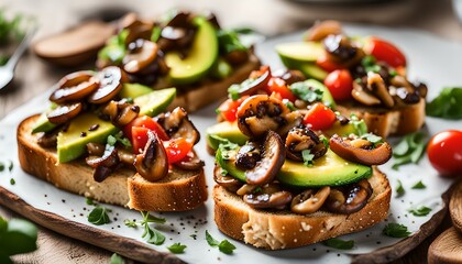 Bruschetta with mushrooms and avocados. Healthy eating. Vegetarian food. Keto diet
