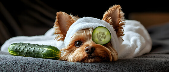 Wall Mural - Yorkie wearing a White towel wrap and cucumber enjoy spa in pet shop