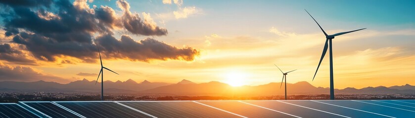 Wind turbines and solar panels at sunset.