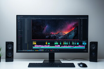 A large monitor with a video editing software open on screen