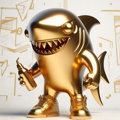 a cool and hip gold shinny metallic futuristic shark character