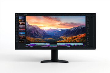 A large monitor with a video editing software interface open