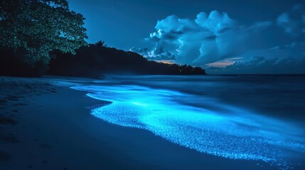 Wall Mural - At night, waves gently roll onto the shore, glowing with bioluminescence, creating a magical atmosphere on the beach beneath a dark sky filled with distant stars