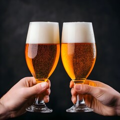 Two hands clinking glasses of beer with golden liquid and foam against a dark background, celebrating togetherness.