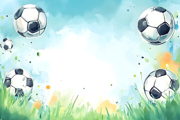 Canvas Print - cute cartoon football frame border on background in watercolor style.