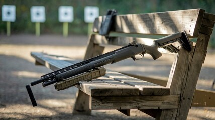 Tactical Shotgun on a Shooting Range Bench