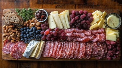 A colorful charcuterie board featuring assorted meats, cheeses, and fresh fruits