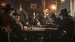 © Yana - A group of cowboys engaged in a poker game inside a rustic tavern during the late evening hours
