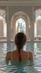 Woman relaxing in luxurious indoor pool, gazing through ornate Moroccan-style arched window at lush greenery outside. Tranquil spa atmosphere exudes serenity.