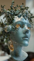 Wall Mural - Surreal 3D Sculpture of a Woman's Head with Golden Eyes and Organic Elements