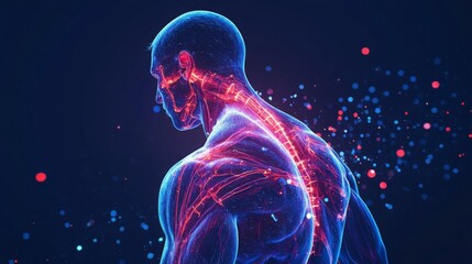 Leinwandbilder - A vibrant, neon depiction of a human body highlights the spine and nervous system against a deep blue background, accented by subtle, floating particles.