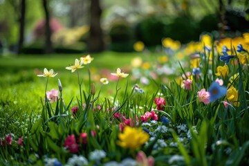 A lush green garden with a path leading through it, generative ai image