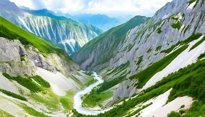 Wall Mural - Spectacular scenery of Albanian Alps, with canyons, valleys, peaks, and green meadows.