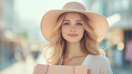 Smiling woman with shopping bags, wearing a wide-brimmed hat, enjoying a sunny day outdoors.