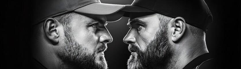 Two men with beards in a tense face-off, showcasing determination and rivalry against a dramatic dark background.