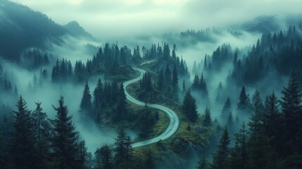 Wall Mural - Serene winding road through a misty forest landscape.