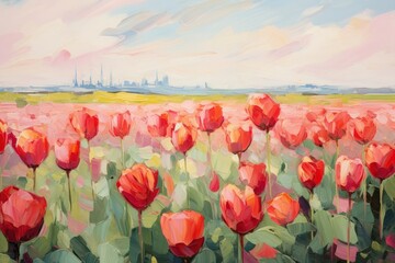 Wall Mural - Field of tulip painting outdoors flower.