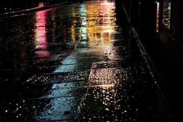 Poster - Transparent city street sunlight reflections lighting black rain.