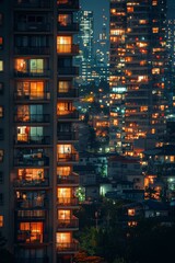 Wall Mural - City skyline at dusk with illuminated apartment windows surrounded by trees