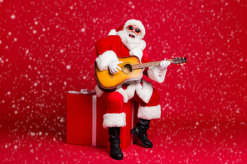 Wall Mural - full length photo of retired old man white beard hold guitar sit box play sing christmas carol song 