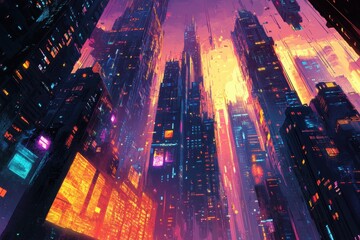 Wall Mural - Futuristic Cityscape with Glowing Towers and Neon Lights