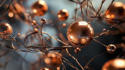 Wall Mural - abstract copper spheres connected by wires
