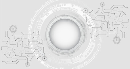 Leinwandbilder - Wide grey background with various technological elements. Abstract technology communication, vector illustration. Futuristic presentation, banner. Hi-tech computer digital technology concept.