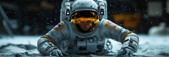 Wall Mural - Astronaut crawls on a dusty surface, with a dark, starry sky behind.