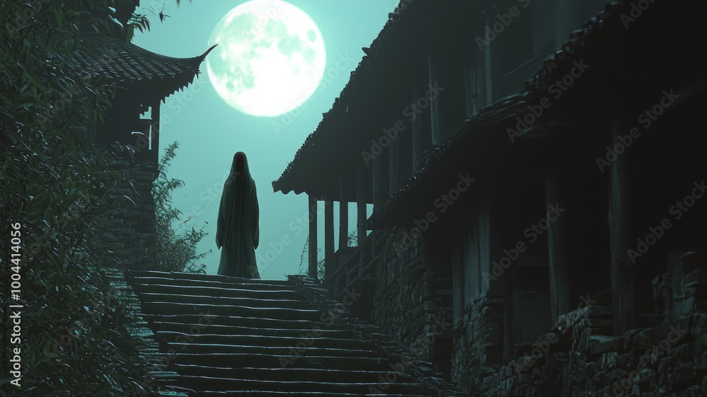 Eerie Spectral Figure in Ancient Chinese Moonlit Village - Dark ...