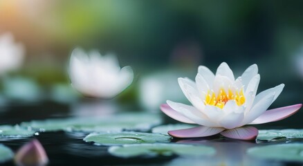 Pink water lilies bloom on a serene pond with soft bokeh lights in the evening