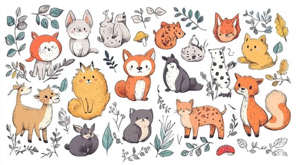 Vector cartoon big set of cute doodle animals