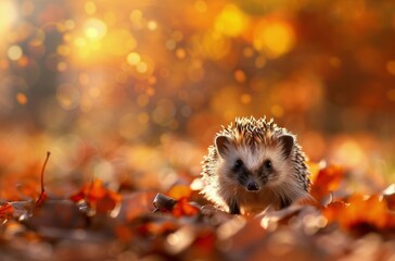 Wall Mural - Hedgehog Foraging Among Autumn Leaves in Sunlit Forest