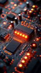 Wall Mural - Close-up of a circuit board with glowing red LEDs.