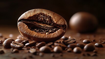 A close-up of a cracked open coffee bean with other beans scattered around it on a wooden surface.