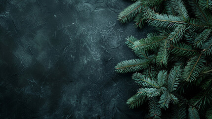 Beautiful christmas background with green fir tree brunch close up. Copy space, trendy moody dark toned design for seasonal quotes