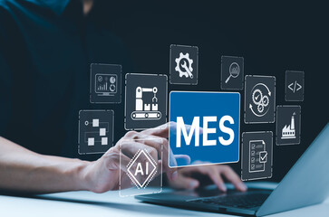 mes - manufacturing execution system concept. ai integration, a person touch mes icon with symbols t