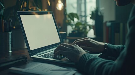 Laptop with blank copy space on the screen, a man typing on it in a business office, ready for advertisement content or mockups.