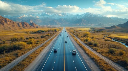 Wall Mural - Scenic highway through mountains and fields under a blue sky.