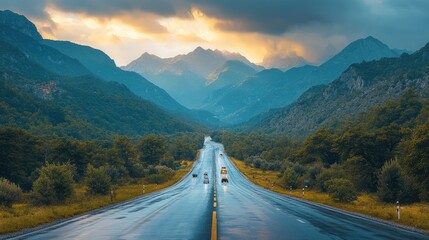 Wall Mural - Scenic road through mountains under a dramatic sky at sunset.