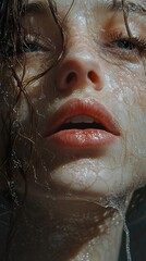 Wall Mural - Close-Up Portrait of a Woman with Water Droplets on Her Face