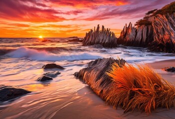 captivating sunset scene vibrant coastal golden sky rich maritime textures enveloped evening light, waves, shore, water, ocean, sea, reflection, clouds