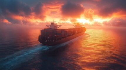 Cargo ship sailing at sunset over calm waters.